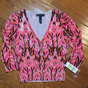 INC International Concepts Pink and Black Sequined V-Neck Cardigan
